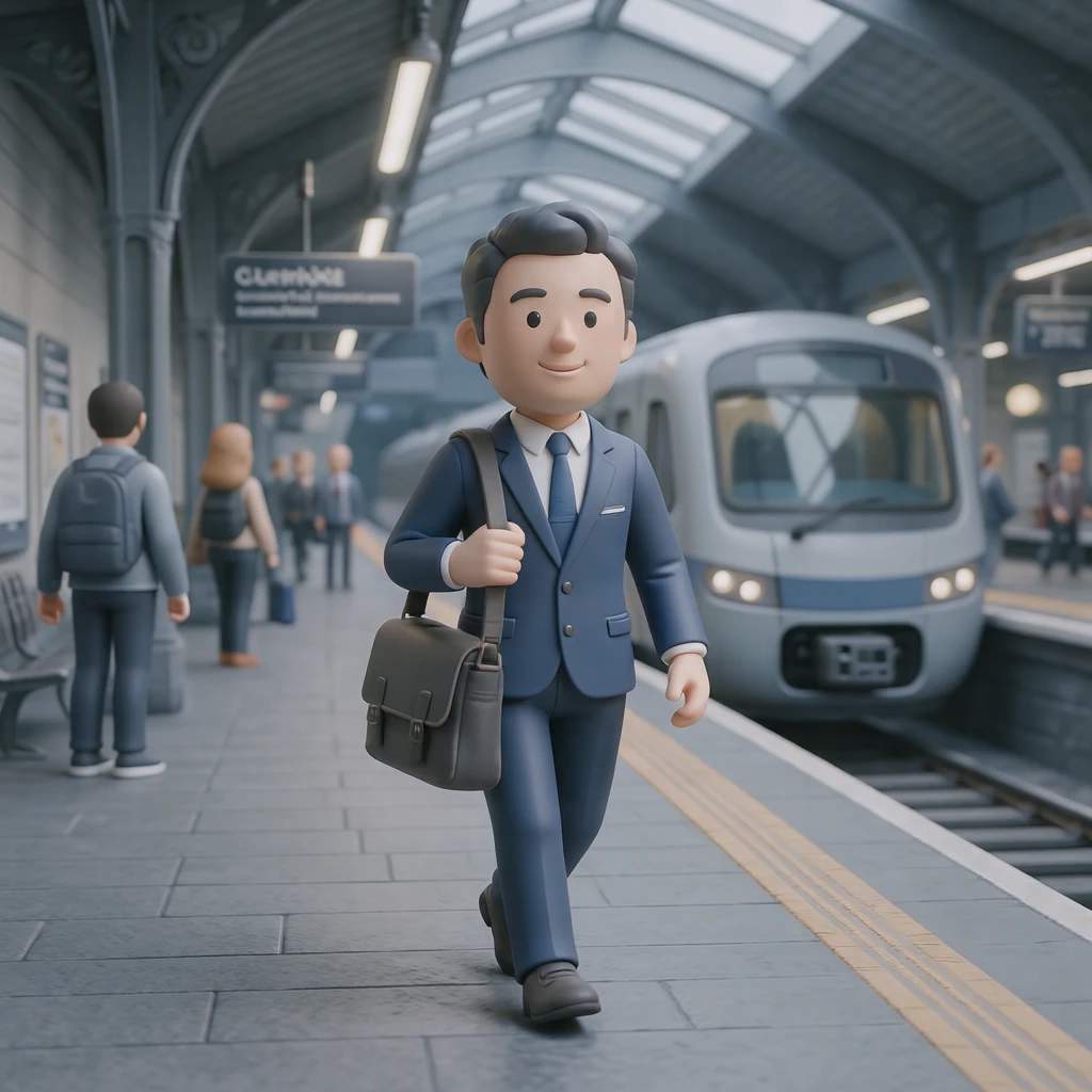 駅のホームを歩いて通勤するビジネスパーソンのイラスト（ソフト3D）