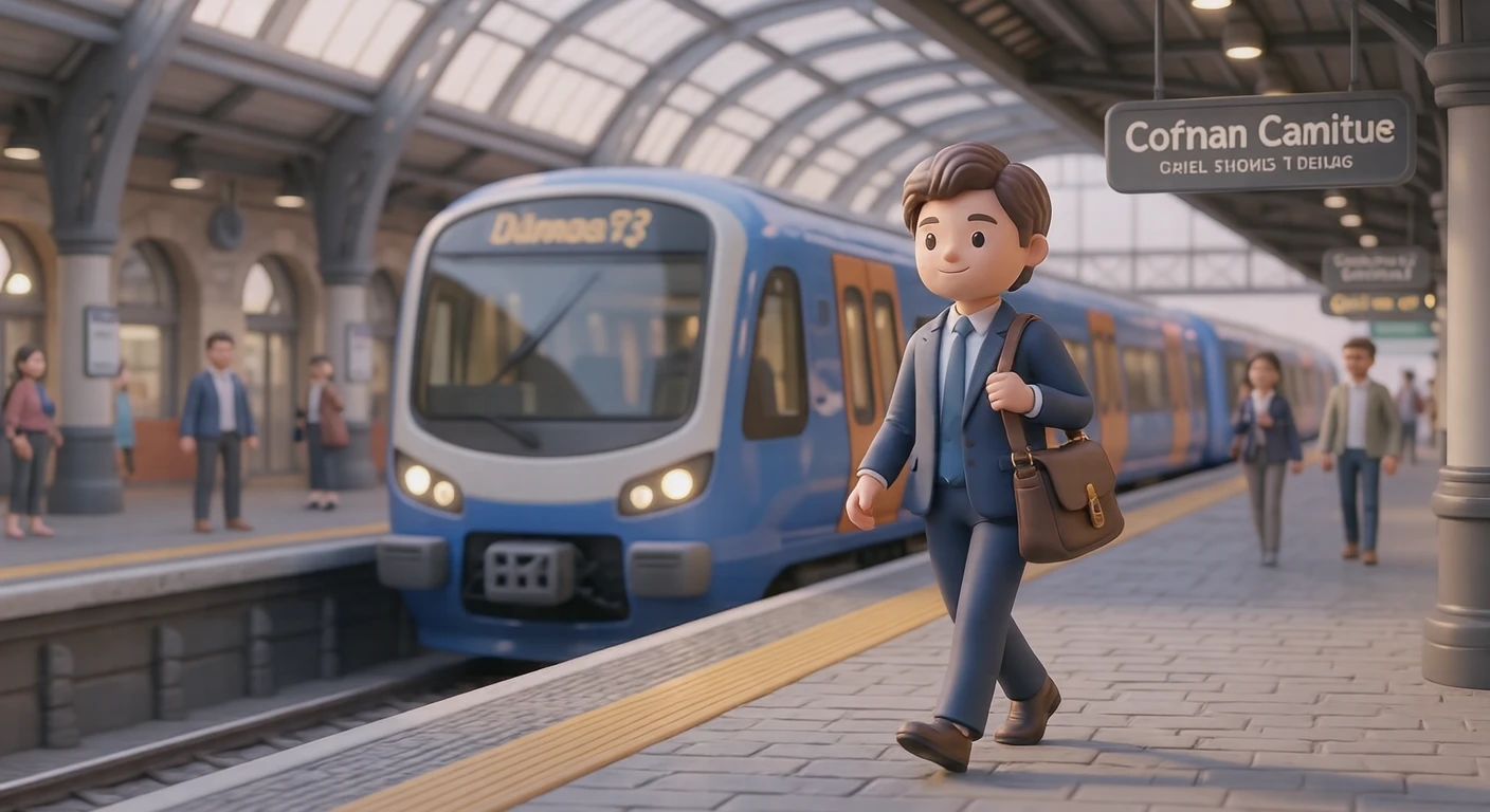 駅のホームを歩いて通勤するビジネスパーソンのイラスト（ソフト3D）