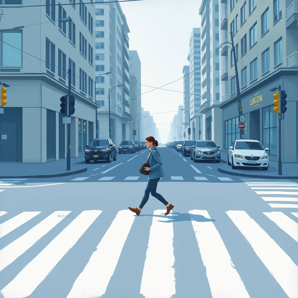 通勤の街路で横断歩道を渡る通勤する人のイラスト（グアッシュ）