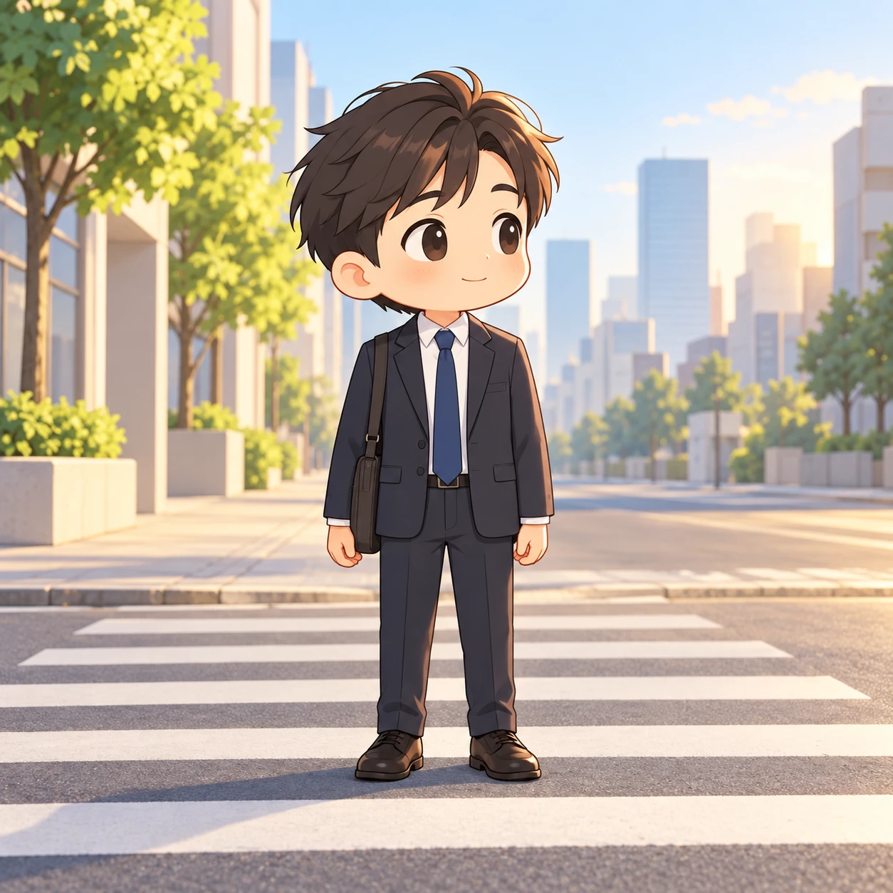 街路で横断歩道を渡る通勤する人のイラスト(デフォルメ)