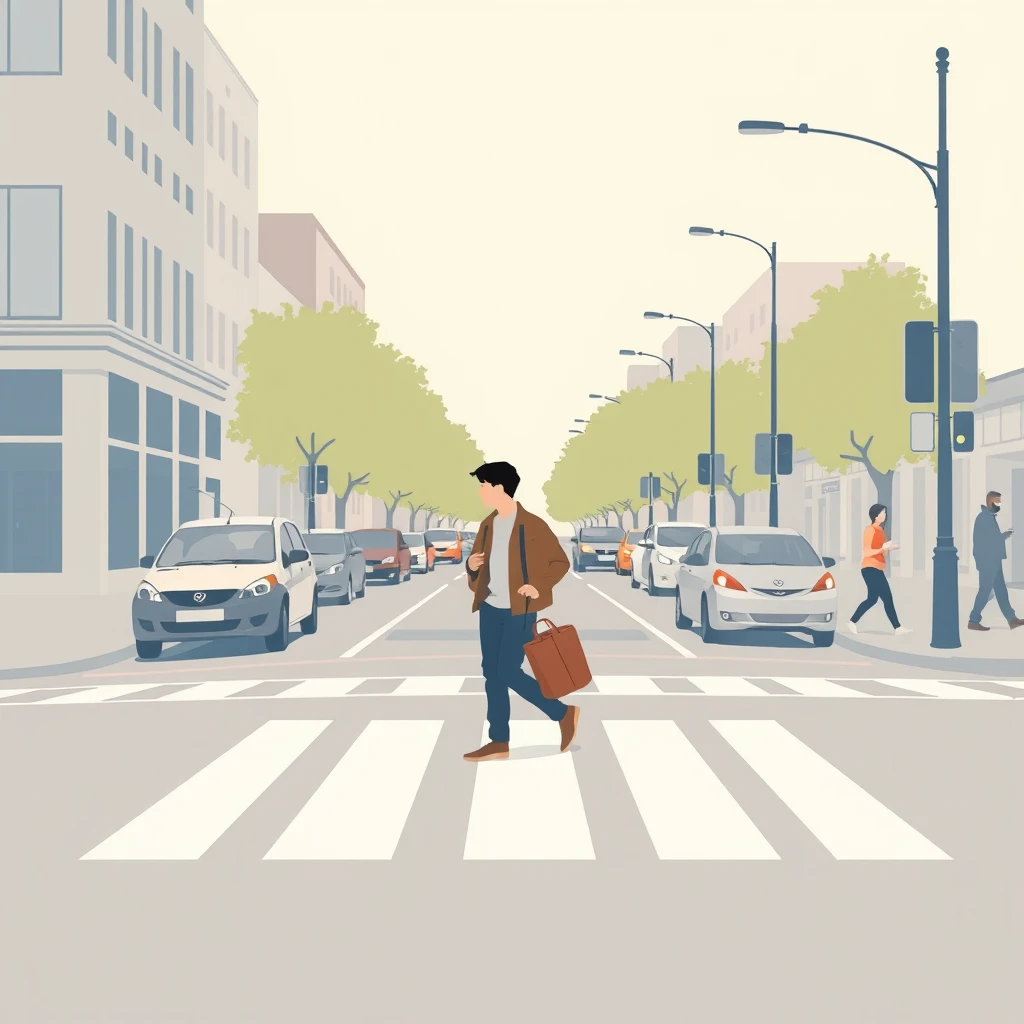 通勤の街路で横断歩道を渡る通勤する人のイラスト（ソフトパステル）