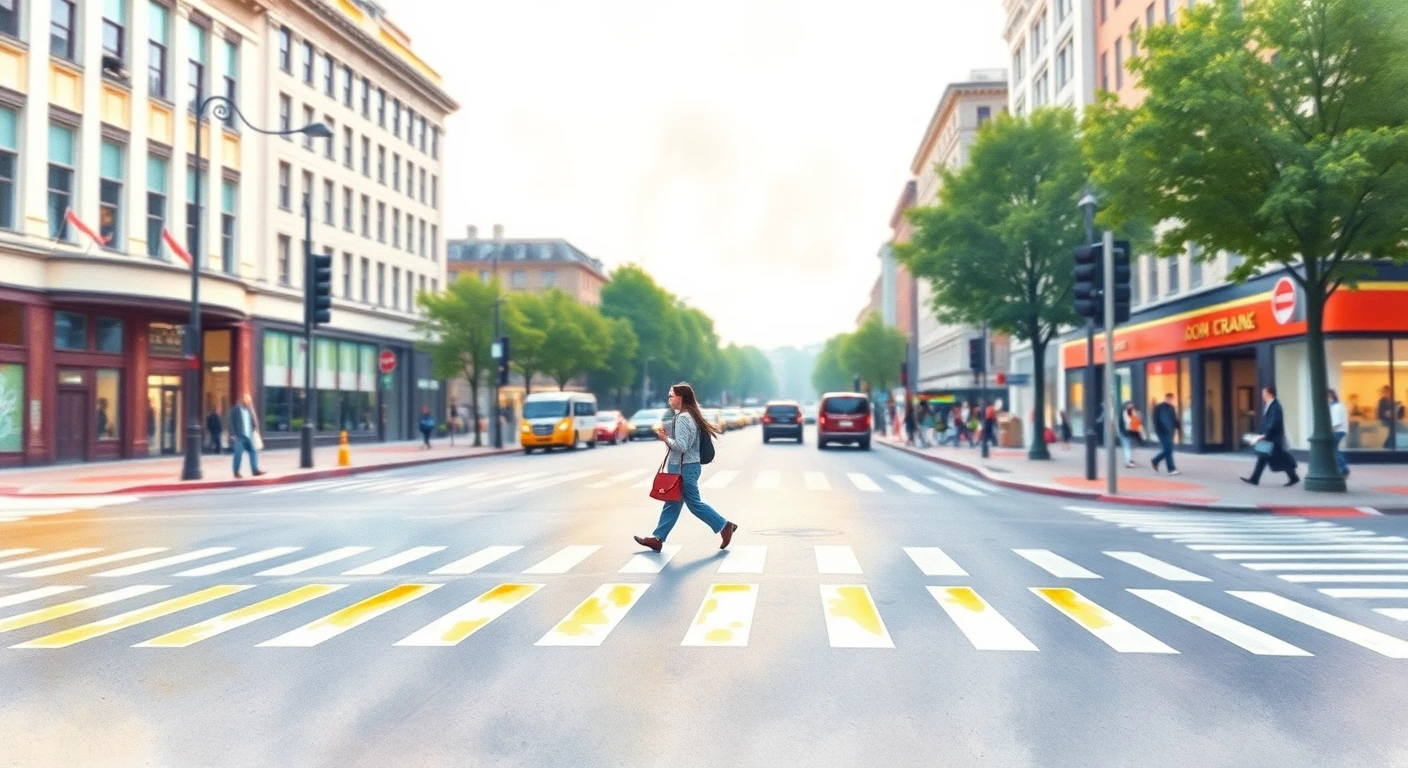 通勤の街路で横断歩道を渡る通勤する人のイラスト（水彩）