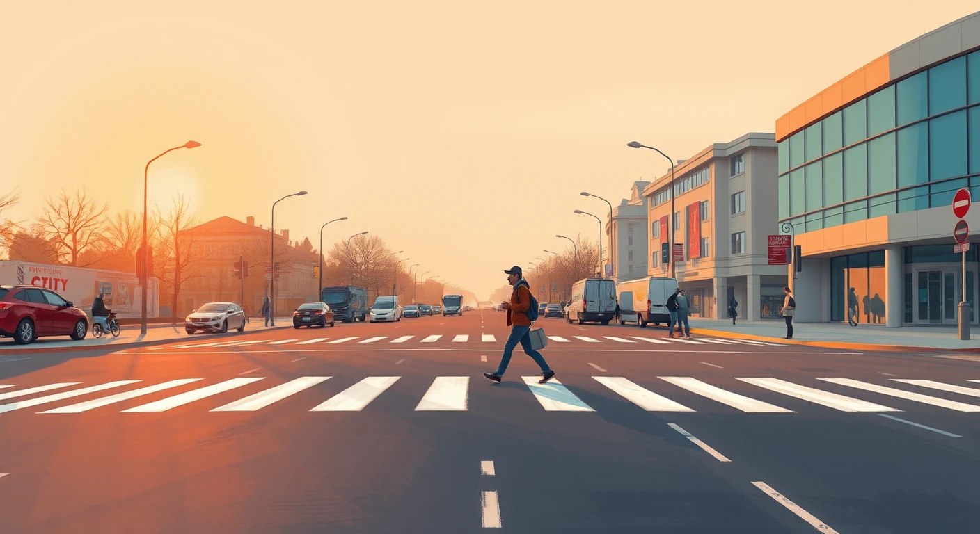 通勤の街路で横断歩道を渡る通勤する人のイラスト（グアッシュ）
