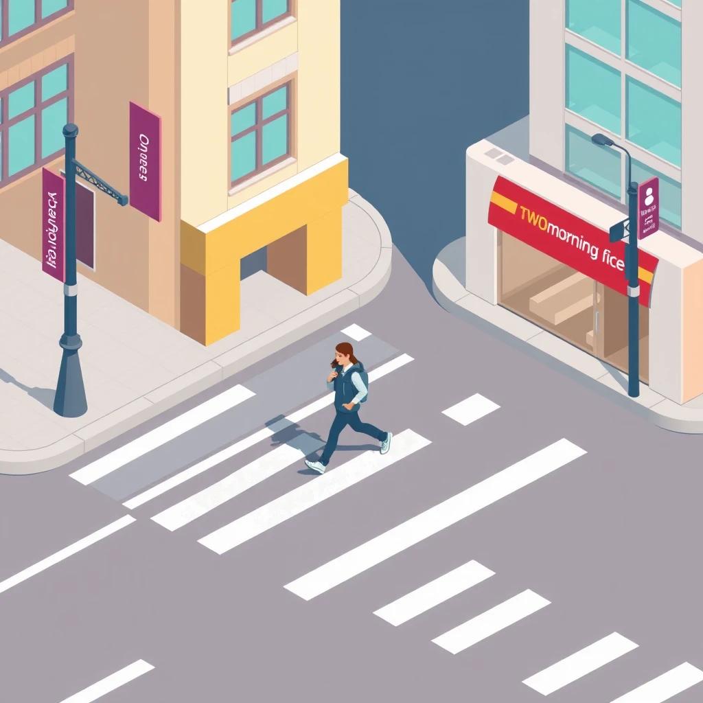 通勤の街路で横断歩道を渡る通勤する人のイラスト（アイソメトリック）