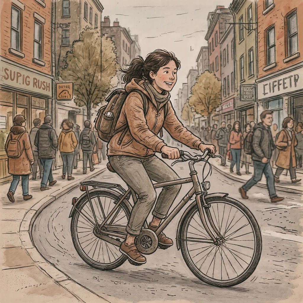 街路で自転車をこぐ通勤する人のイラスト（手描き風）