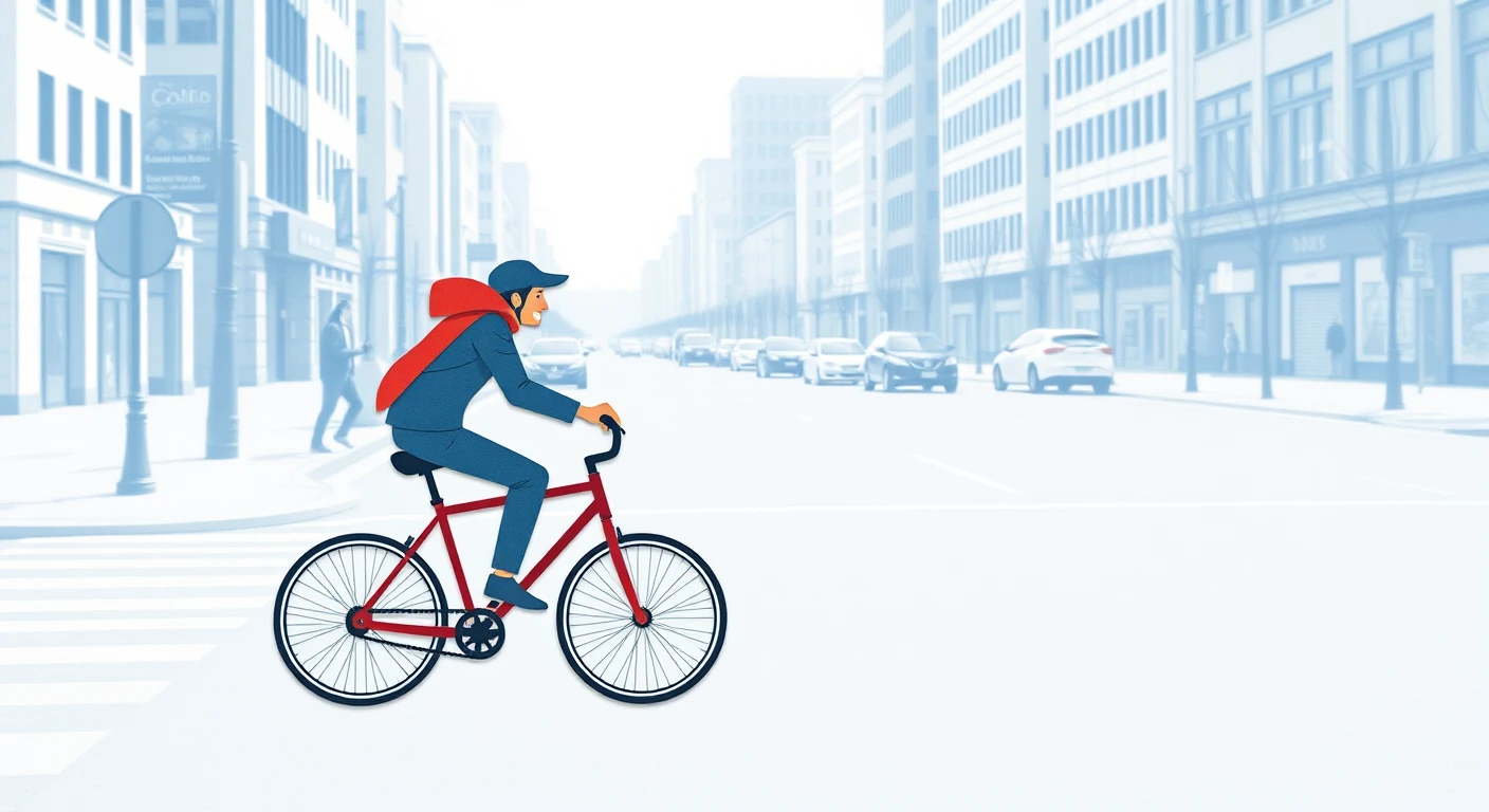 通勤の街路で自転車で走る通勤する人のイラスト（切り絵）