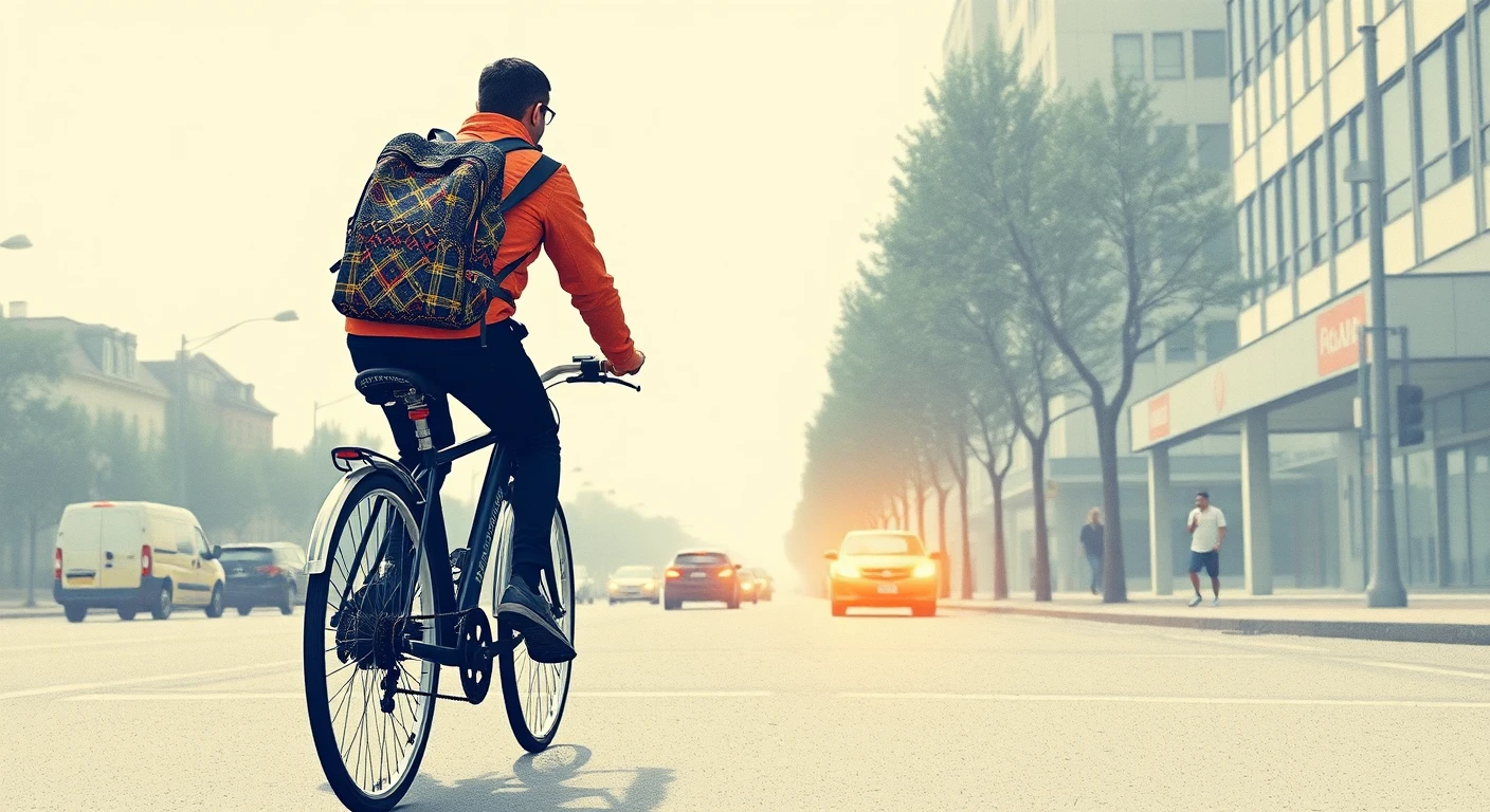 通勤の街路で自転車で走る通勤する人のイラスト（レトロ印刷）