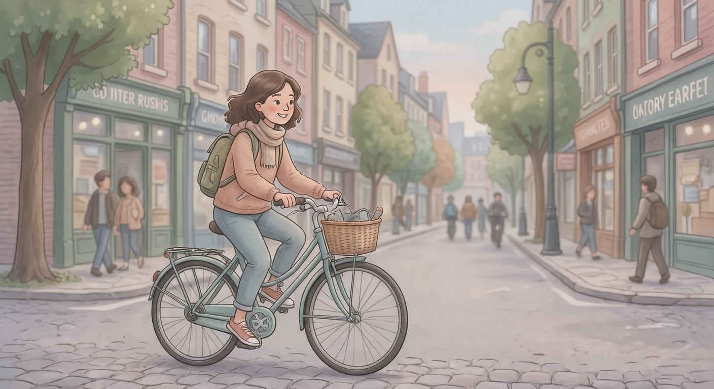 街路で自転車をこぐ通勤する人のイラスト（ソフトパステル）