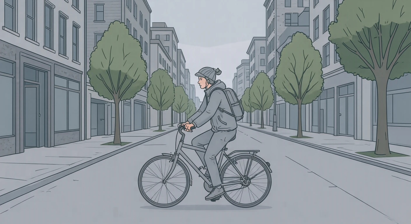 街路で自転車をこぐ通勤する人のイラスト（シンプル線画）