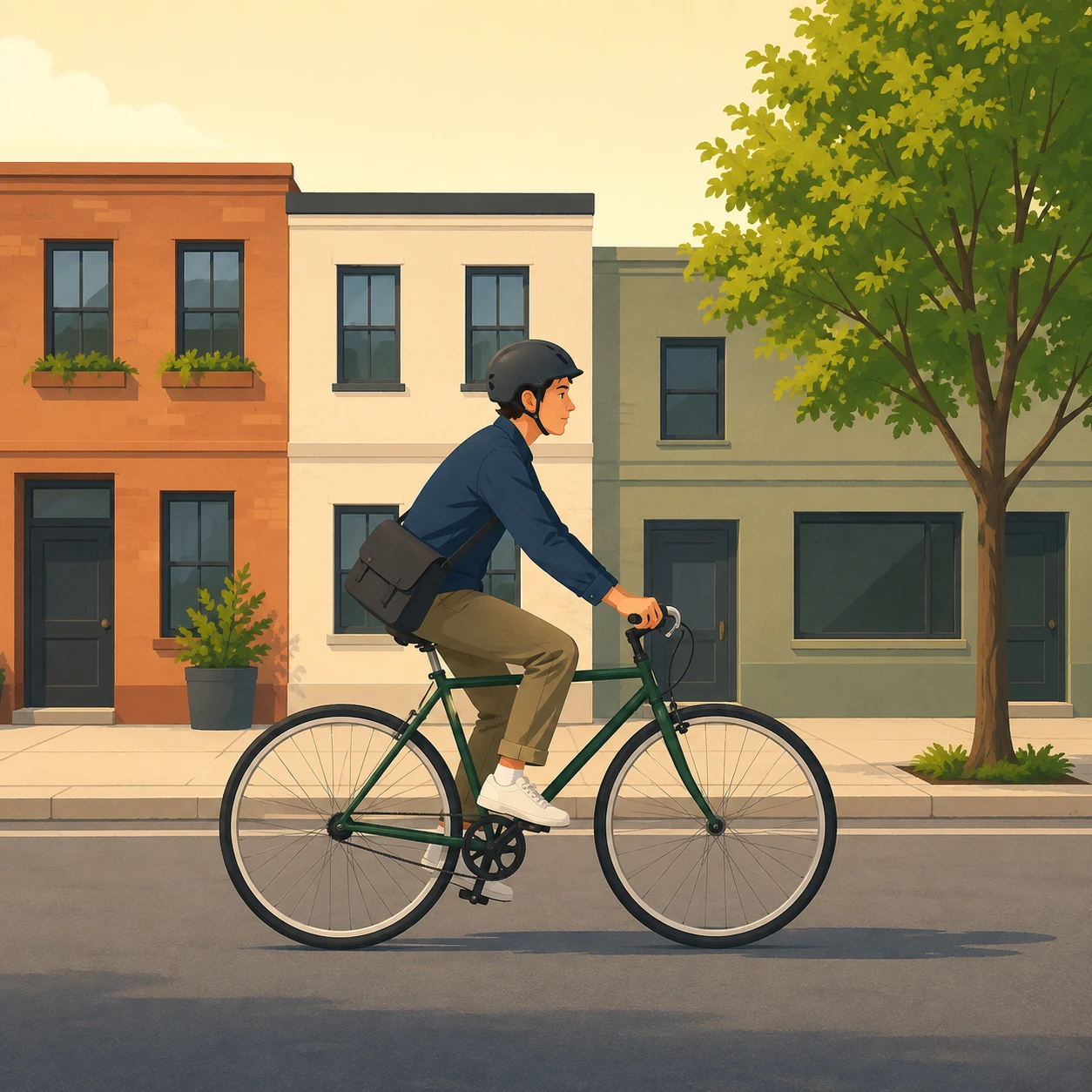 通勤の街路で自転車で走る通勤する人のイラスト（フラットイラスト）