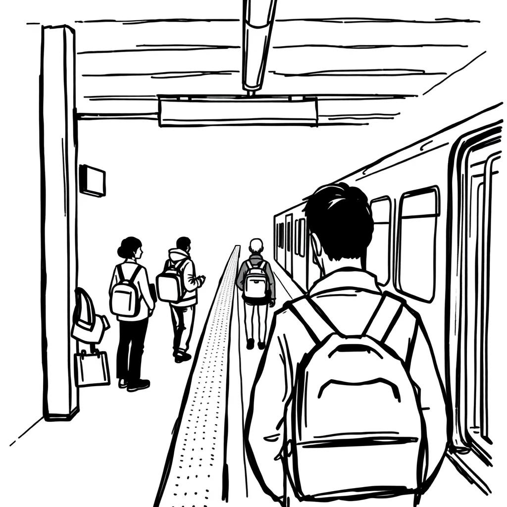 通勤の駅でホームで電車を待つ通勤する人のイラスト（手描き風）