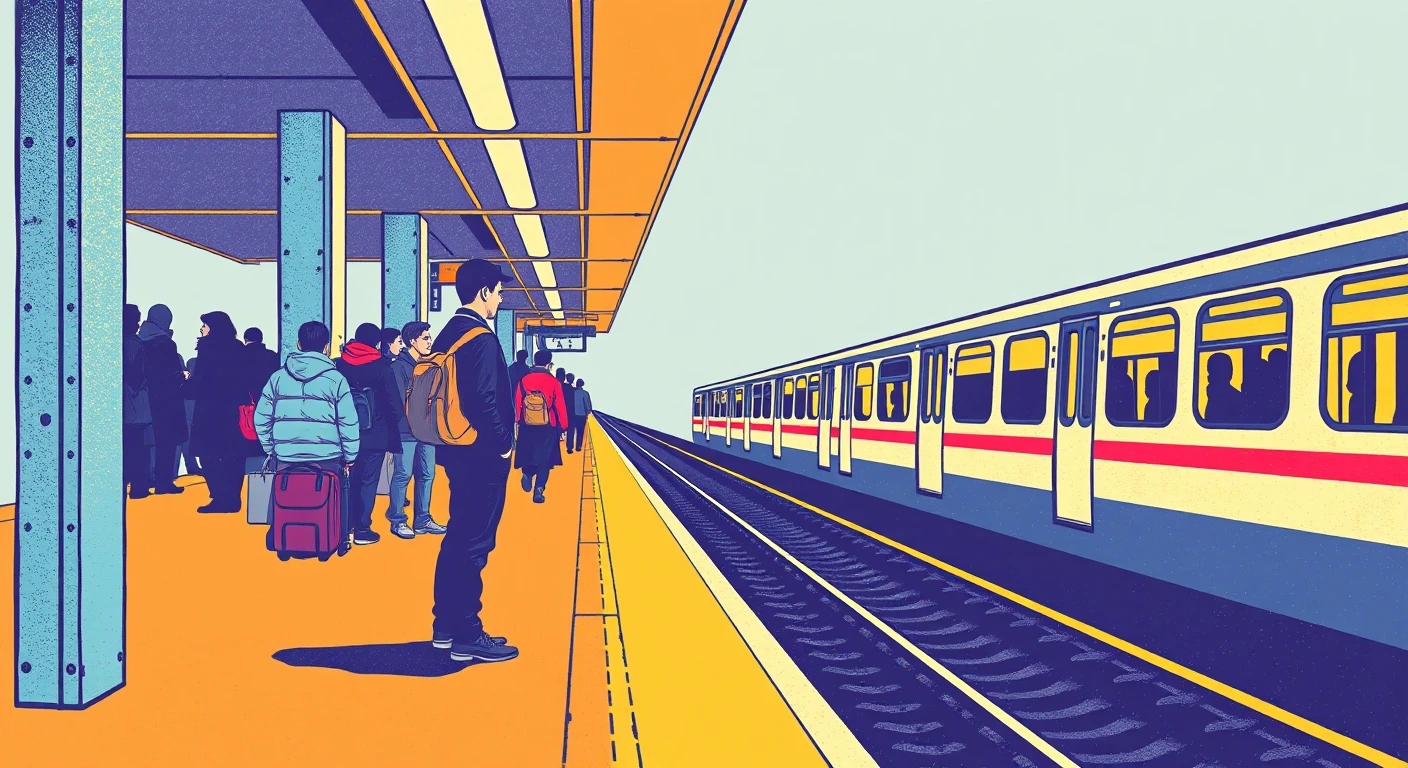通勤の駅でホームで電車を待つ通勤する人のイラスト（レトロ印刷）