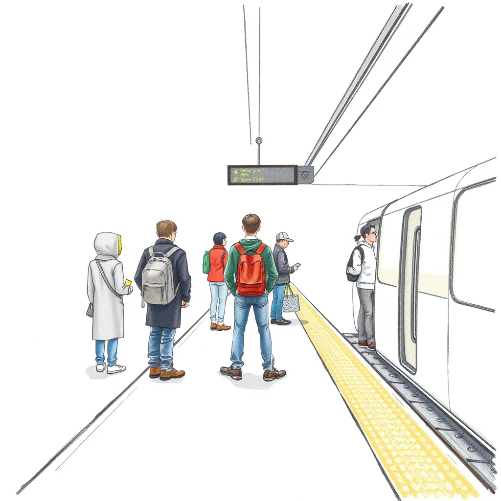 通勤の駅でホームで電車を待つ通勤する人のイラスト（色鉛筆）