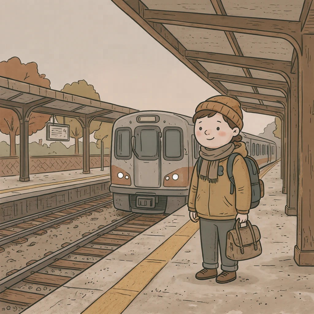 駅のホームで電車を待つ通勤する人のイラスト(ゆるいイラスト)