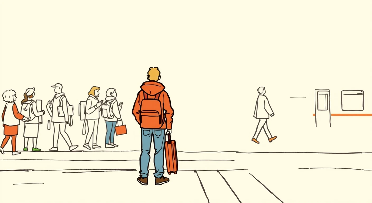 通勤の駅でホームで電車を待つ通勤する人のイラスト（手描き風）