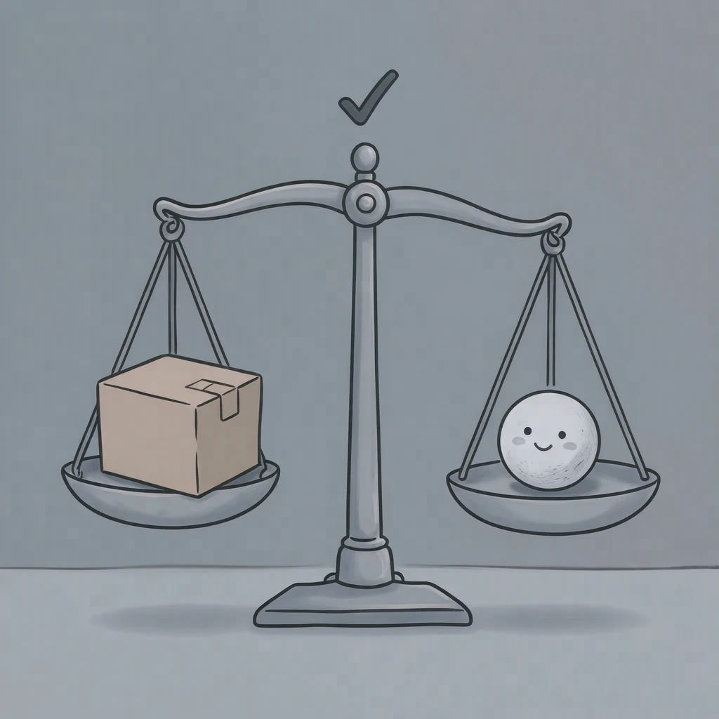 Illustration of products compared on a balance scale (loose cartoon)