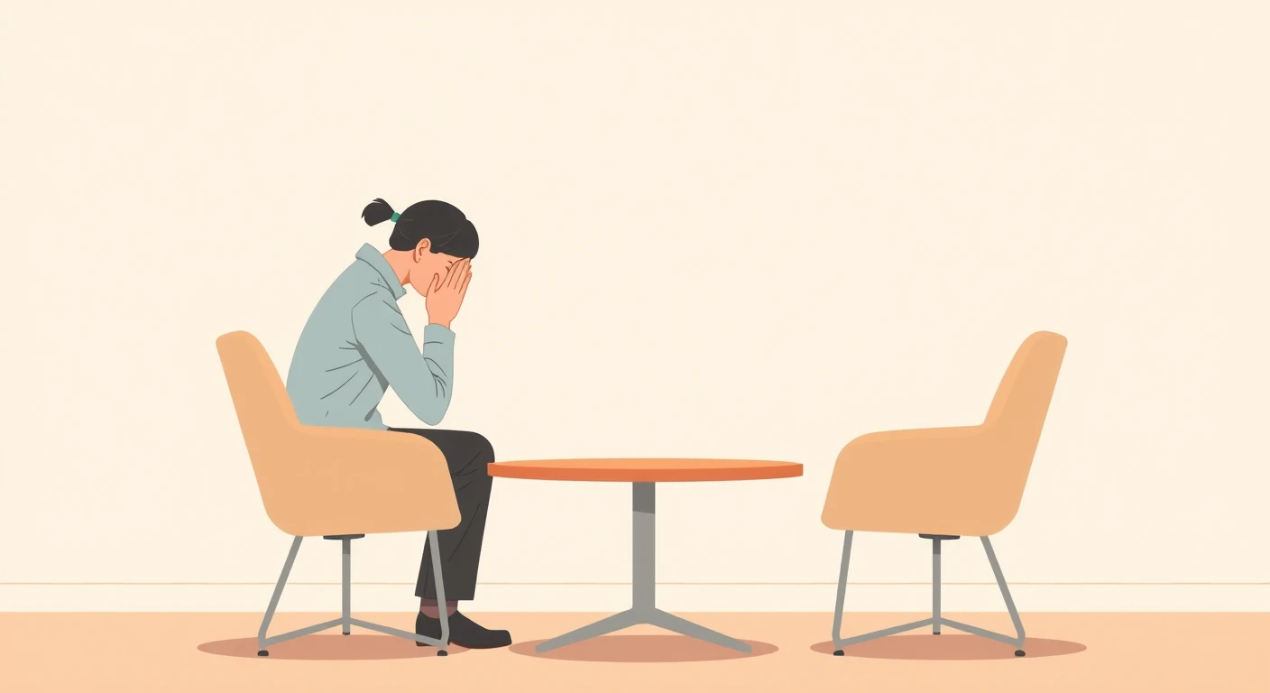 机をはさんで謝罪する担当者と客のパステル調のイラスト
