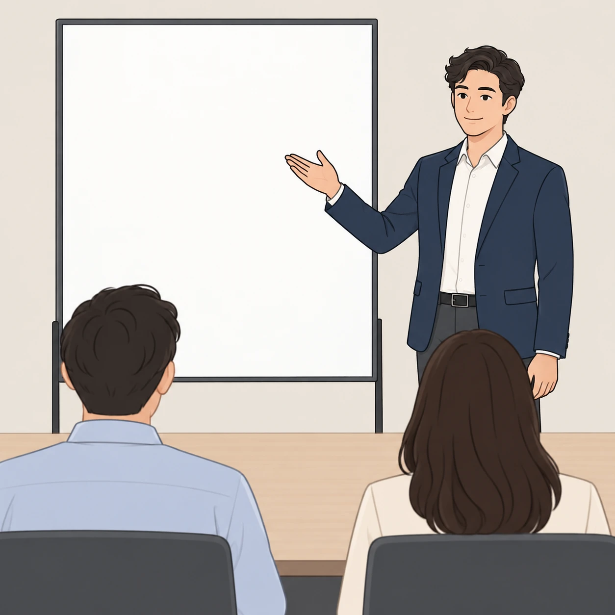 회의실에서 단상에 올라 발표하는 사람 일러스트 (심플 라인아트)
