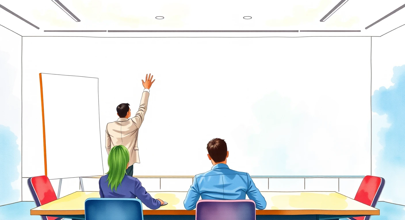 会議室で登壇して発表する人の水彩イラスト
