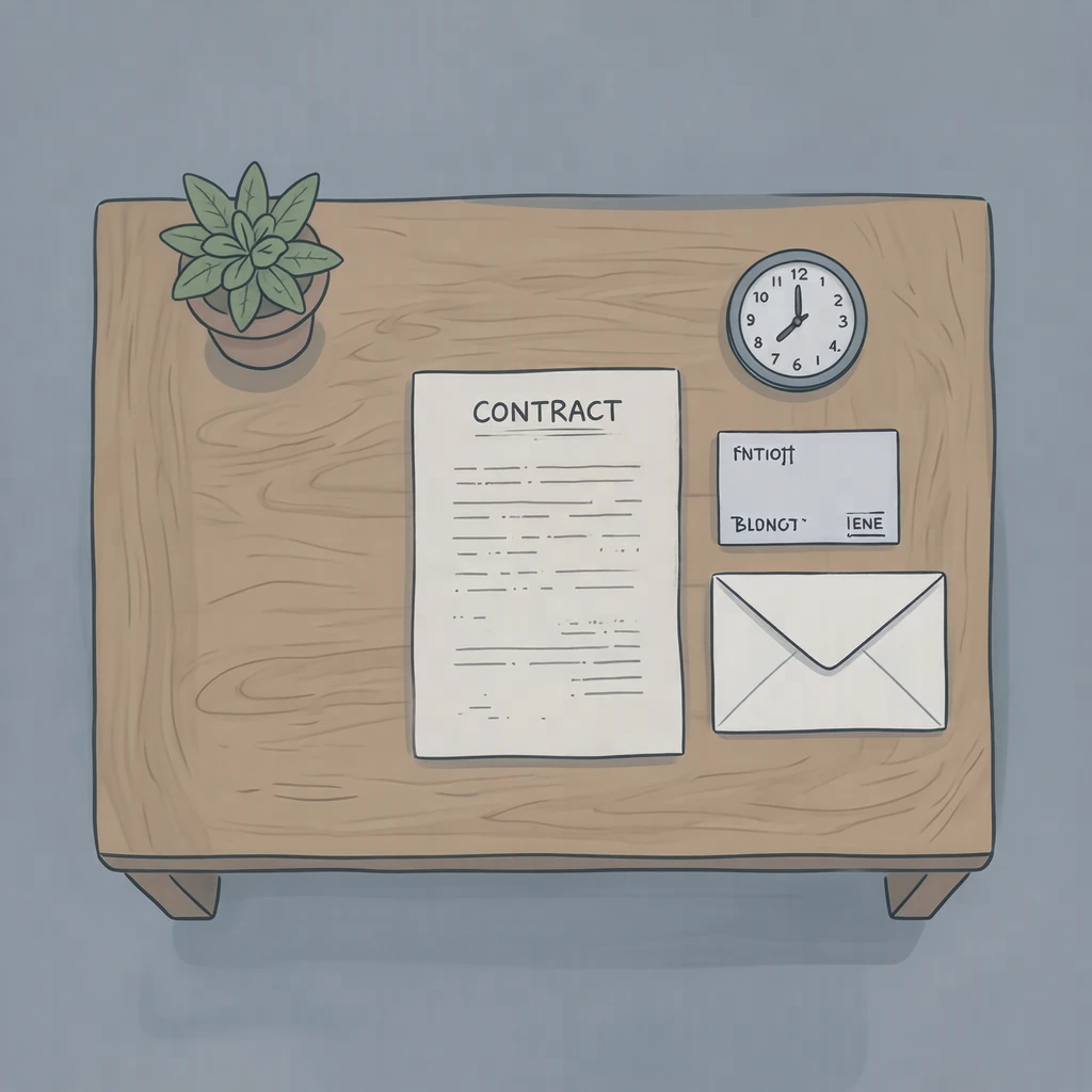 契約書と名刺と封筒と時計のイラスト（ゆるいイラスト）