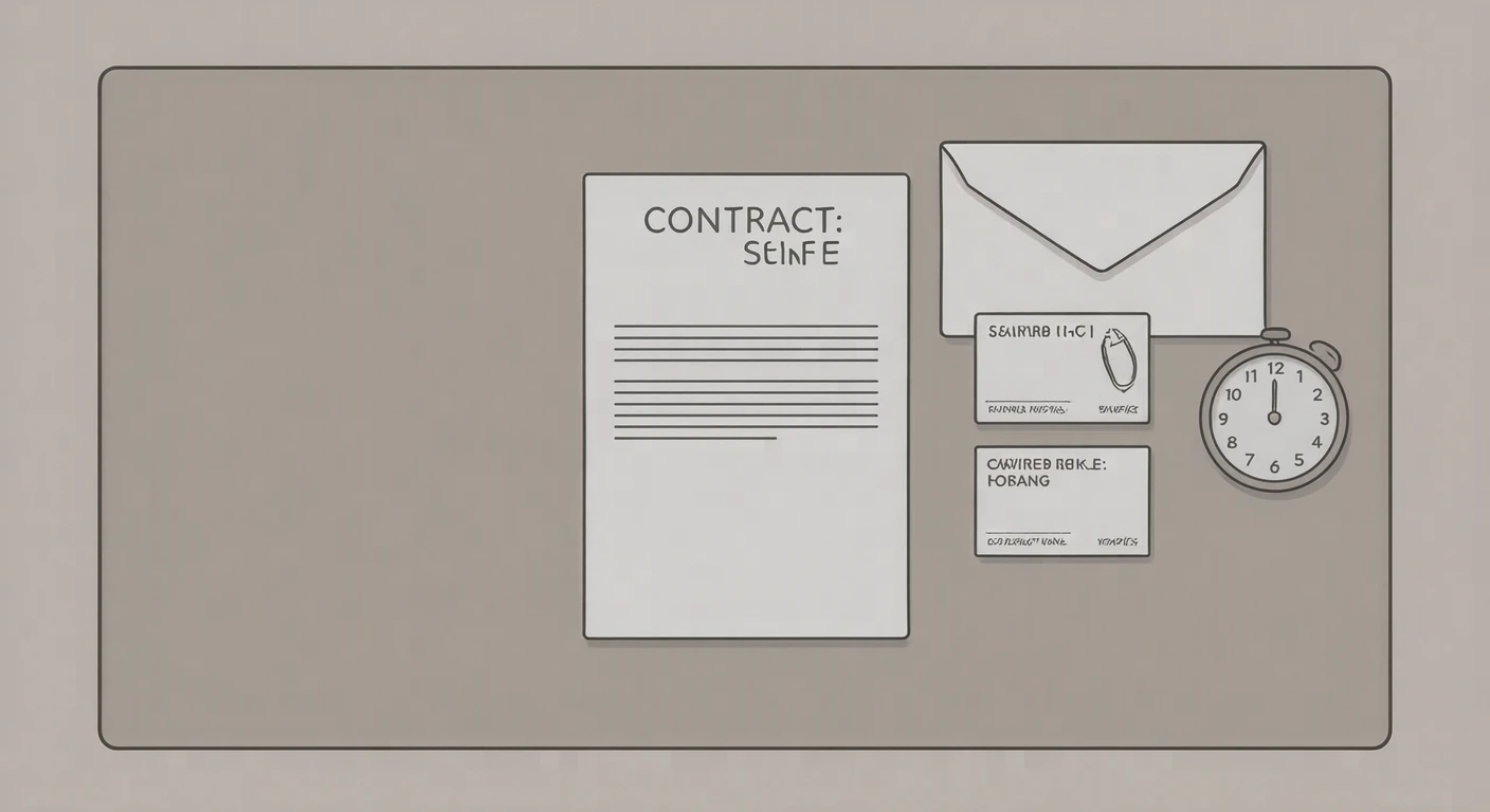 Illustration of a contract, business cards, an envelope and a clock (simple line art)