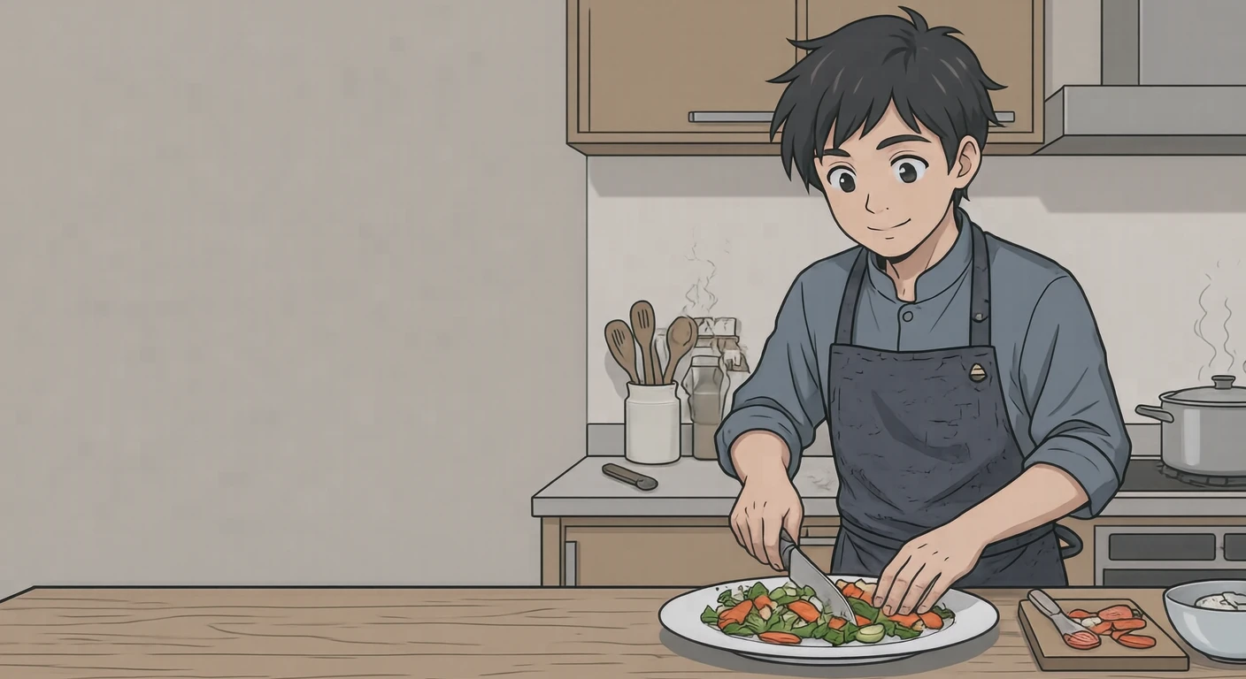 キッチンで皿に盛り付ける料理人のイラスト（アニメ塗り）