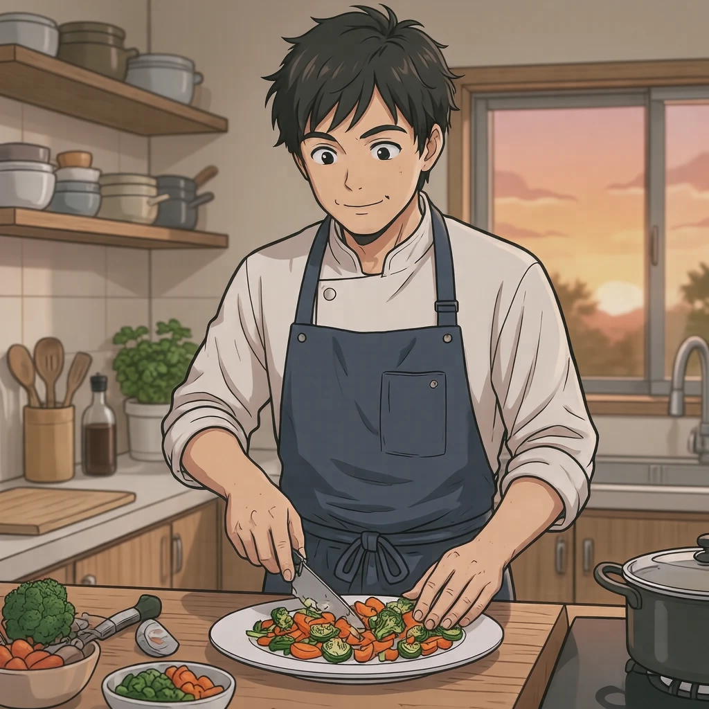 キッチンで皿に盛り付ける料理人のイラスト（アニメ塗り）