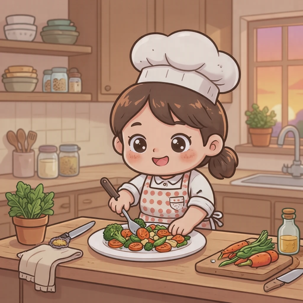 料理のキッチンで皿に盛り付ける料理人のイラスト（デフォルメ）