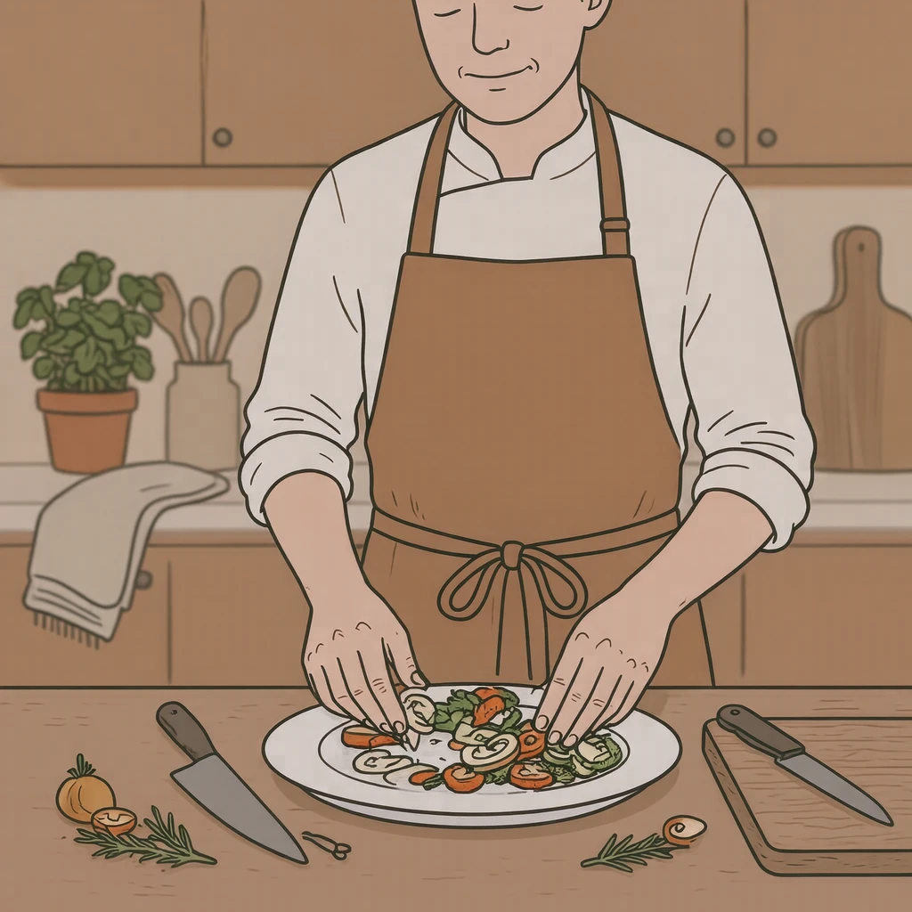料理のキッチンで皿に盛り付ける料理人のイラスト（シンプル線画）