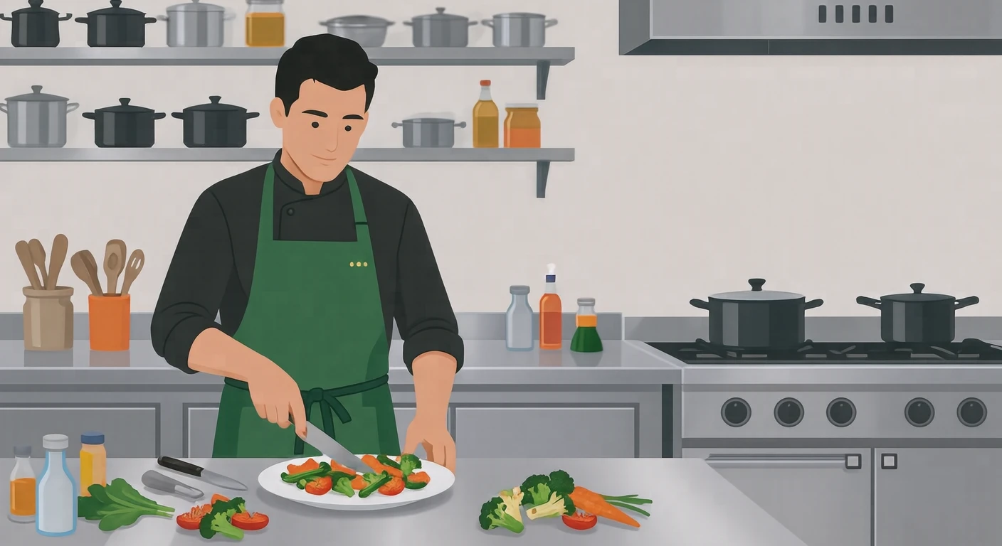 料理のレストランで皿に盛り付ける料理人のイラスト（フラットイラスト）