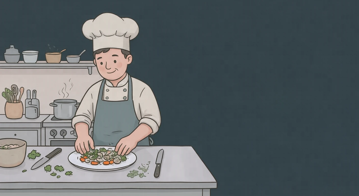レストランで皿に盛り付ける料理人のイラスト（ゆるいイラスト）