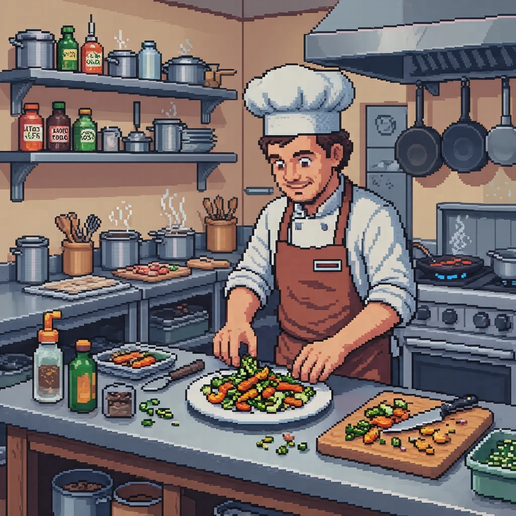 レストランで皿に盛り付ける料理人のイラスト（ドット絵）