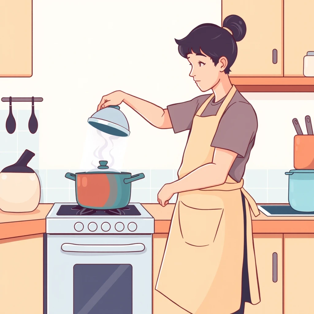 料理のキッチンで鍋のふたを開ける料理人のイラスト（ソフトパステル）
