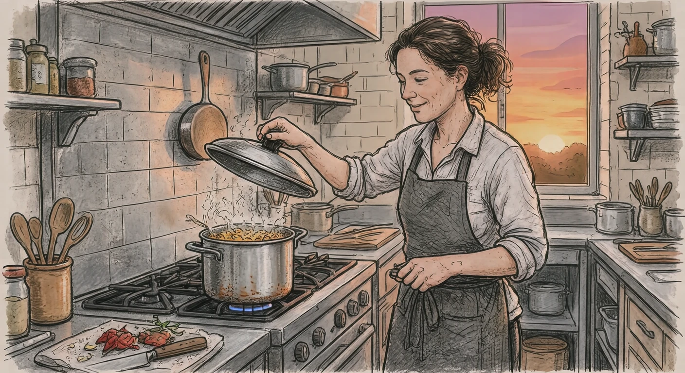 料理のレストランで鍋のふたを開ける料理人のイラスト（手描き風）