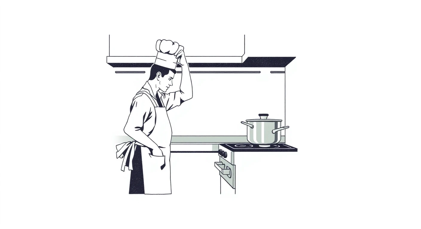 料理のレストランで鍋のふたを開ける料理人のイラスト（レトロ印刷）