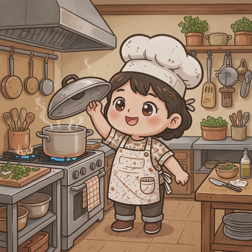 レストランで鍋のふたを開ける料理人のイラスト（デフォルメ）