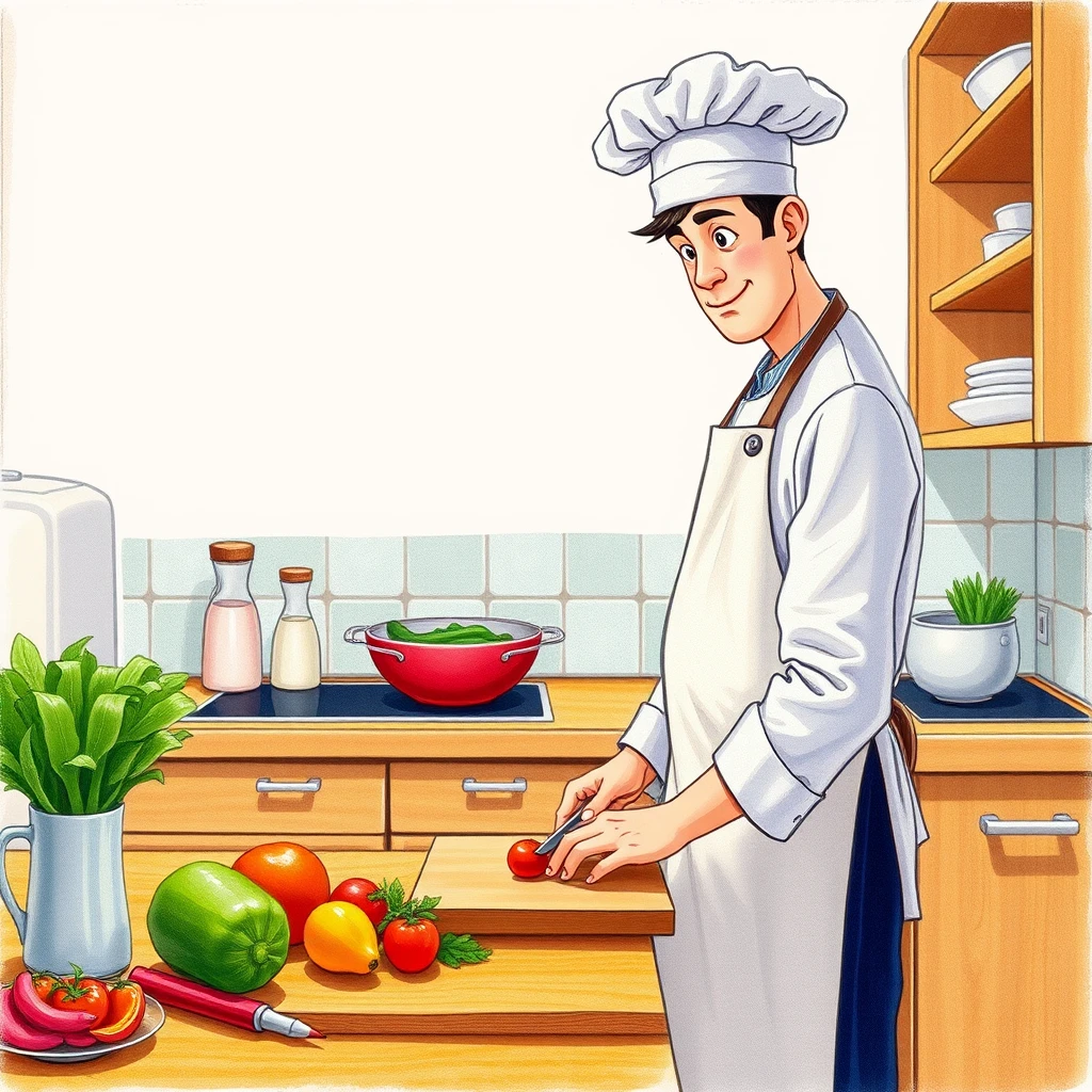 料理のキッチンでまな板で野菜を切る料理人のイラスト（色鉛筆）
