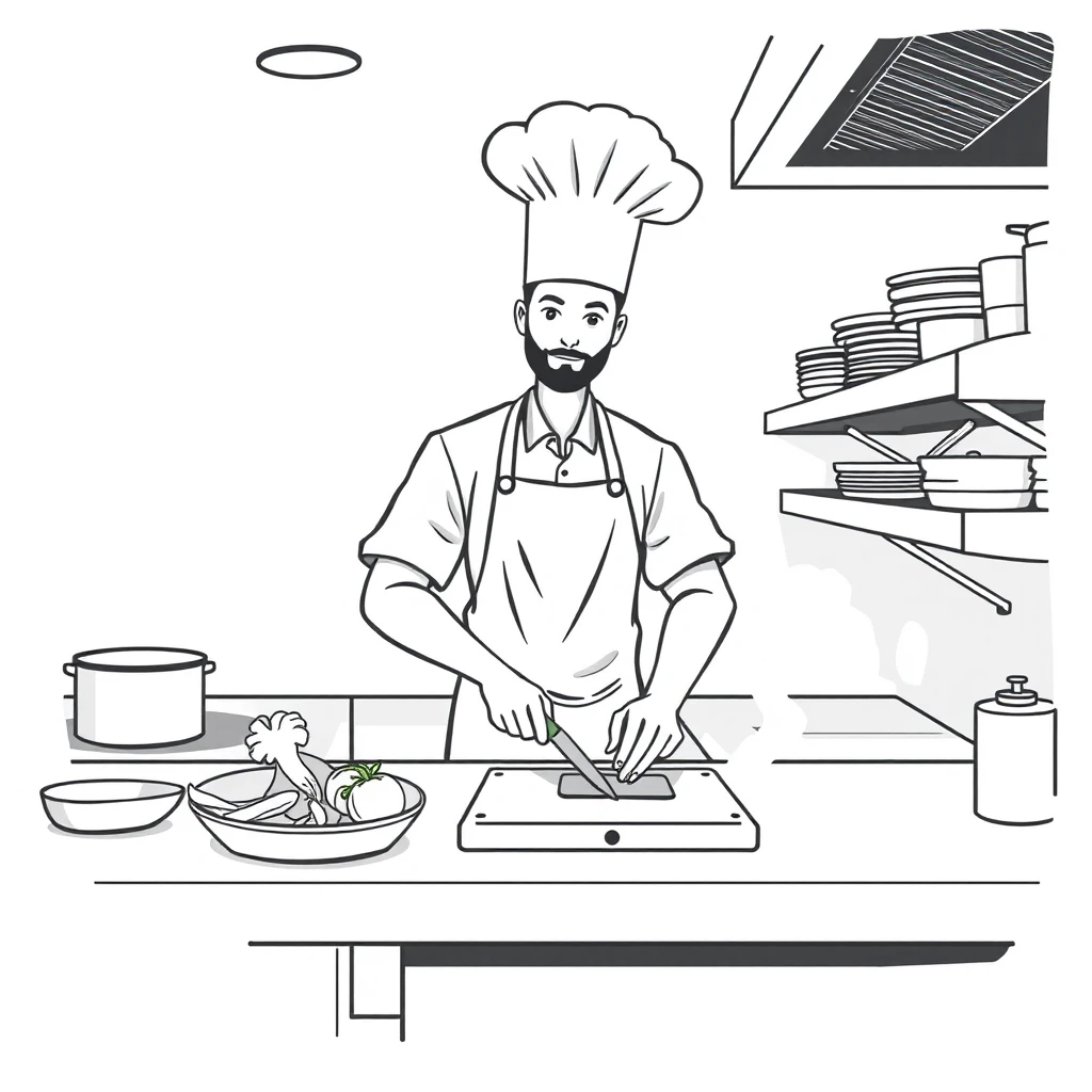 料理のレストランでまな板で野菜を切る料理人のイラスト（フラットイラスト）
