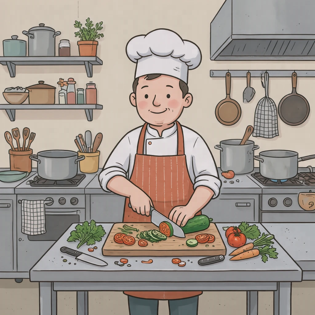 料理のレストランでまな板で野菜を切る料理人のイラスト（ゆるいイラスト）