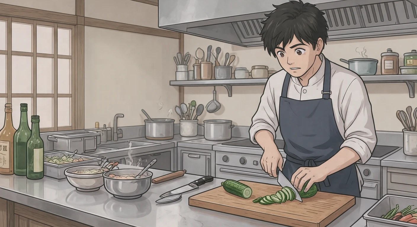 料理のレストランでまな板で野菜を切る料理人のイラスト（アニメ塗り）