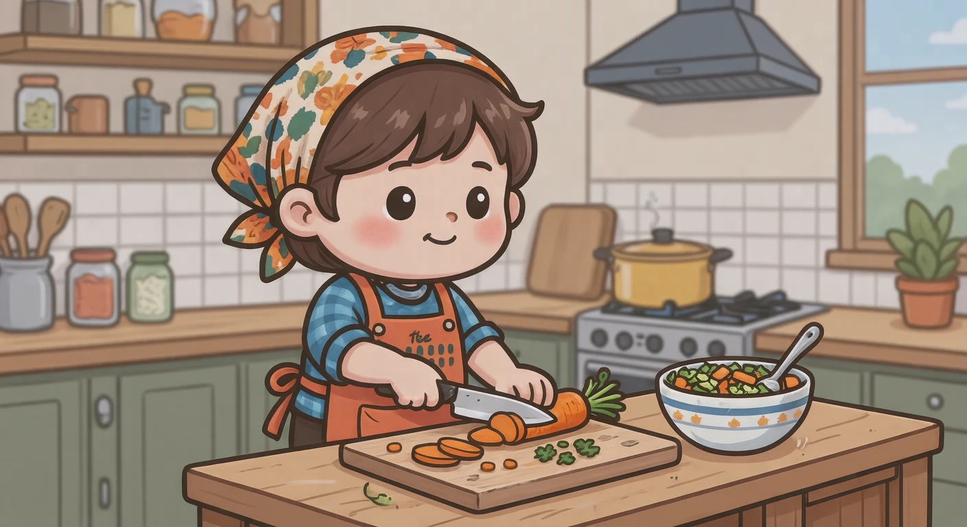 調理実習で包丁を使って野菜を切る生徒のイラスト(デフォルメ)