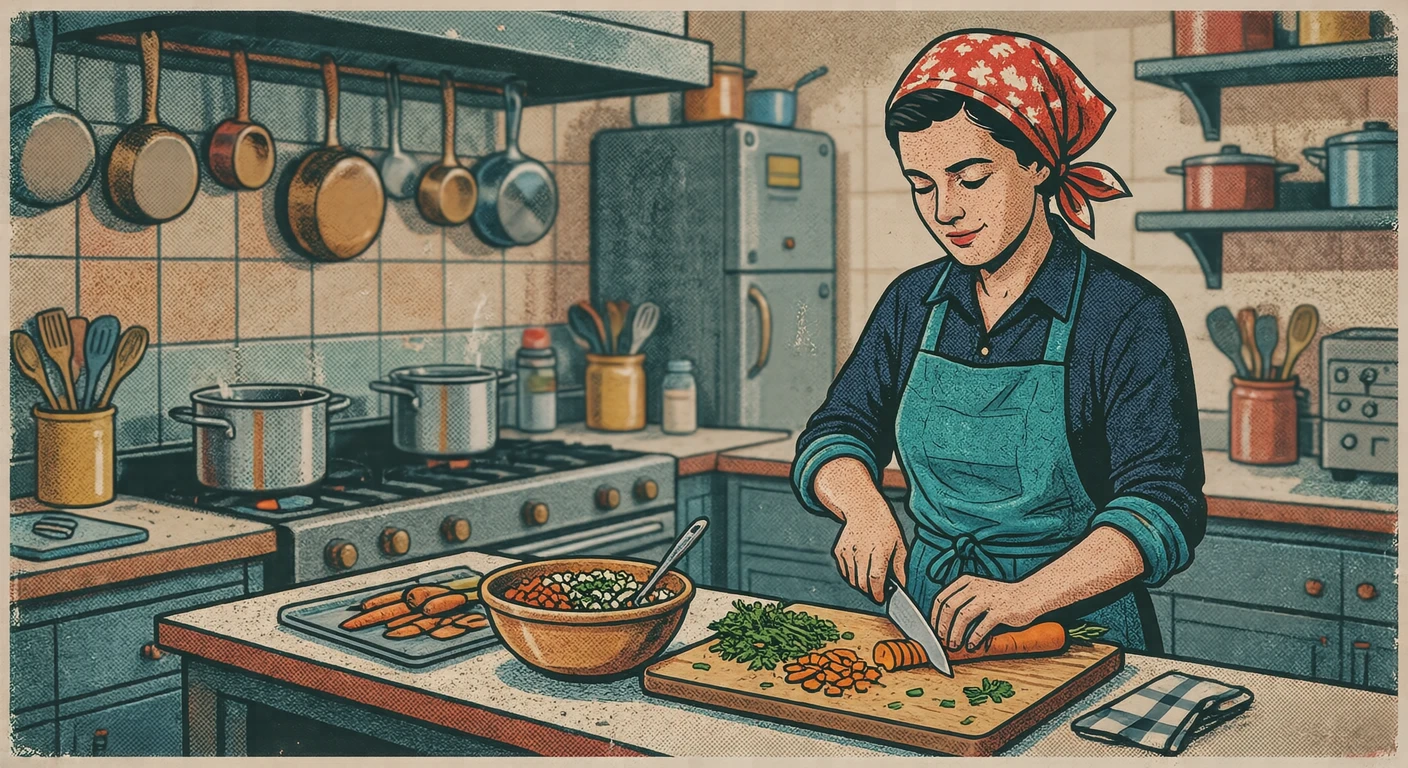 調理実習で包丁を使って野菜を切る生徒のイラスト(レトロ印刷)