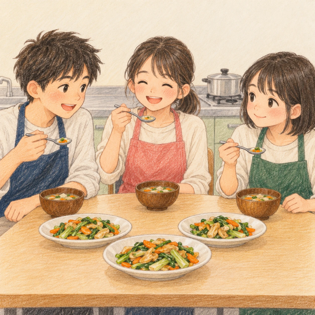 Illustration of students tasting the dishes they made in a cooking class (colored pencil)