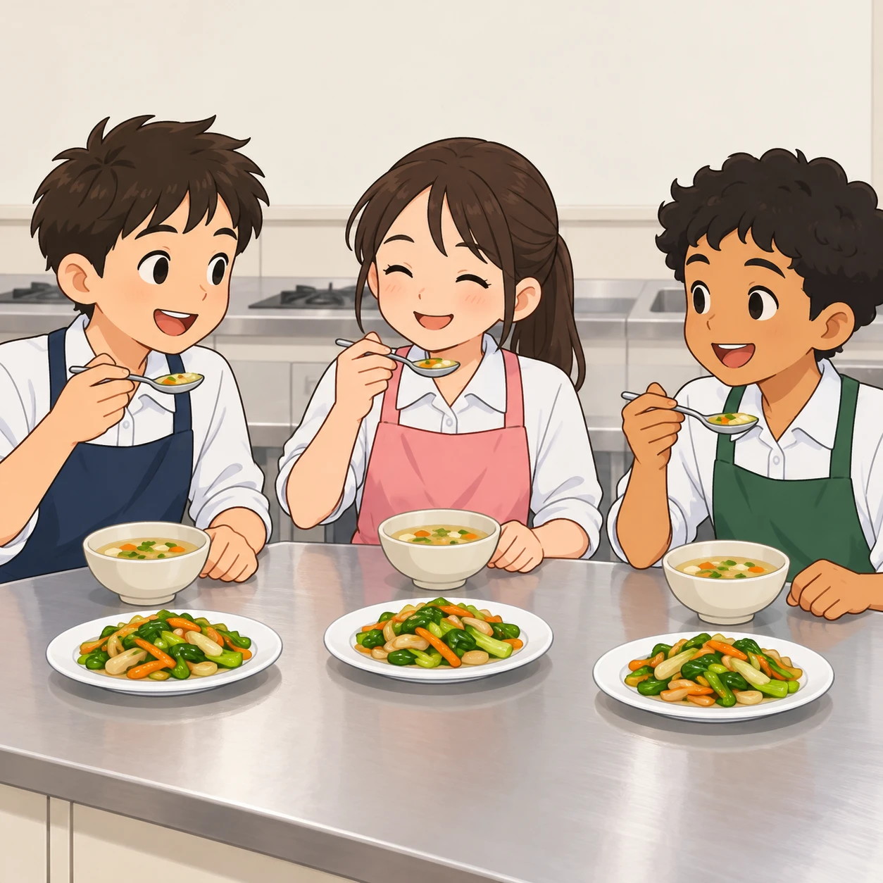 Illustration of students tasting the dishes they made in a cooking class (loose cartoon)