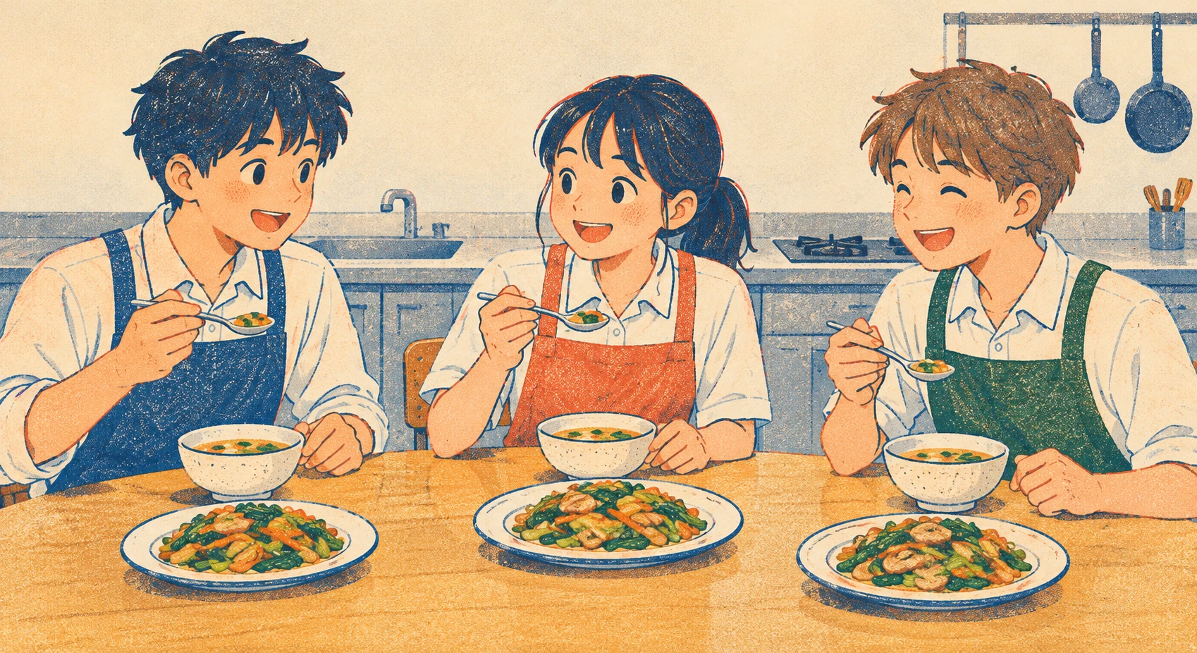 Illustration of students tasting the dishes they made in a cooking class (retro print)