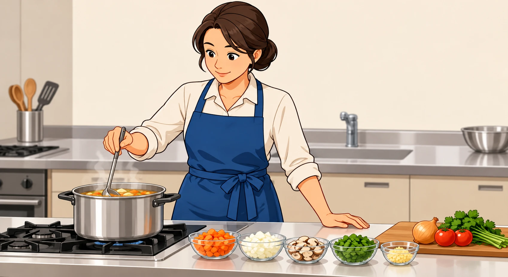 Illustration of a teacher demonstrating in a cooking class (bold graphic)