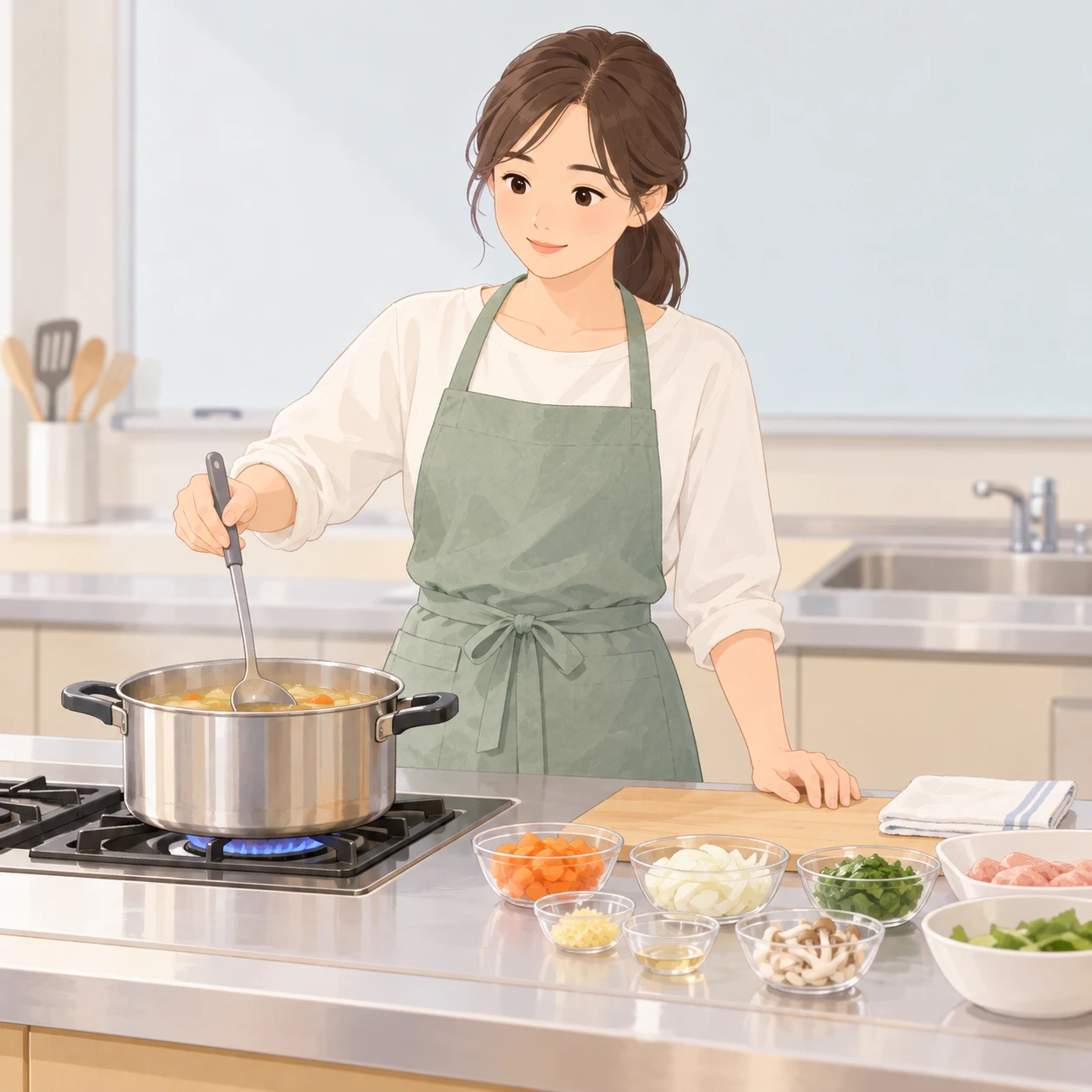 Illustration of a teacher demonstrating in a cooking class (soft pastel)