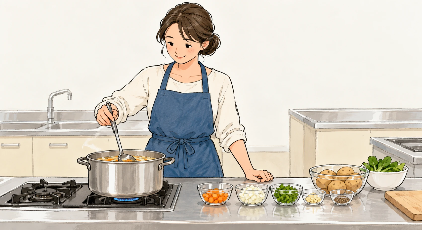 Illustration of a teacher demonstrating in a cooking class (hand-drawn)