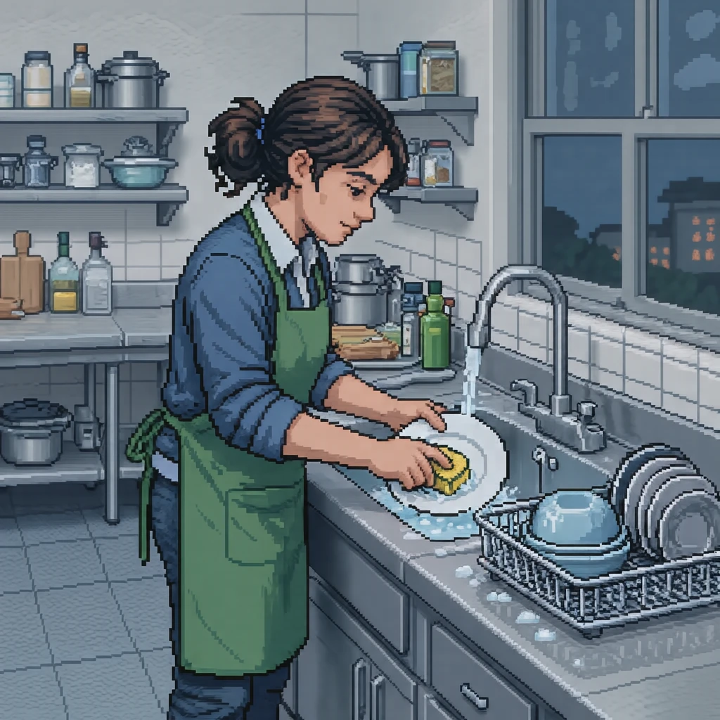 Illustration of a student washing dishes after a cooking class (pixel art)