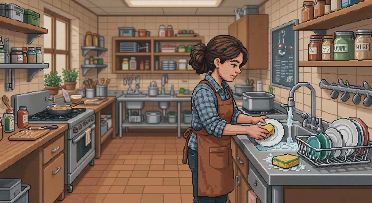 Illustration of a student washing dishes after a cooking class (pixel art)